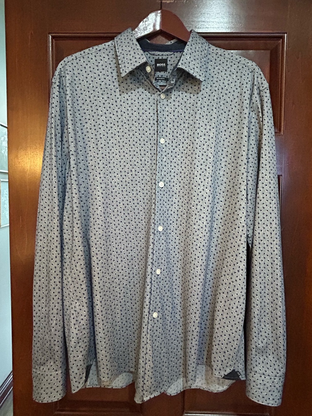 Hugo Boss BOSS Mens XXL Regular Fit Button Down Shirt Blue Micro Print